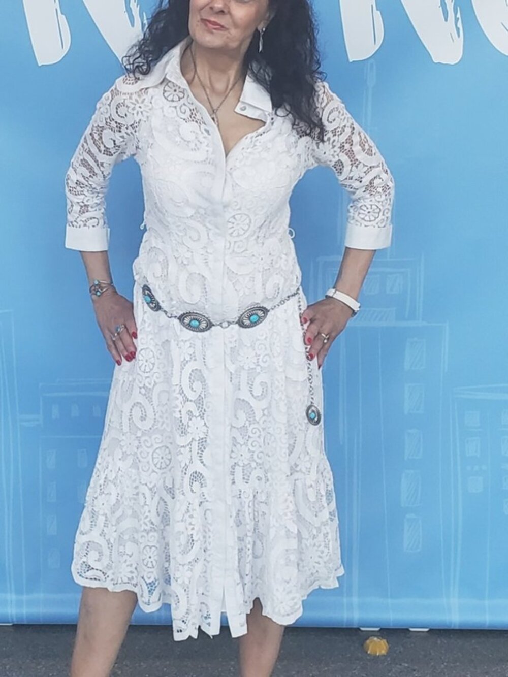 Nanette Lepore White Lace Boho Dress Size 2 Lined 3/4 Sleeve Button Front